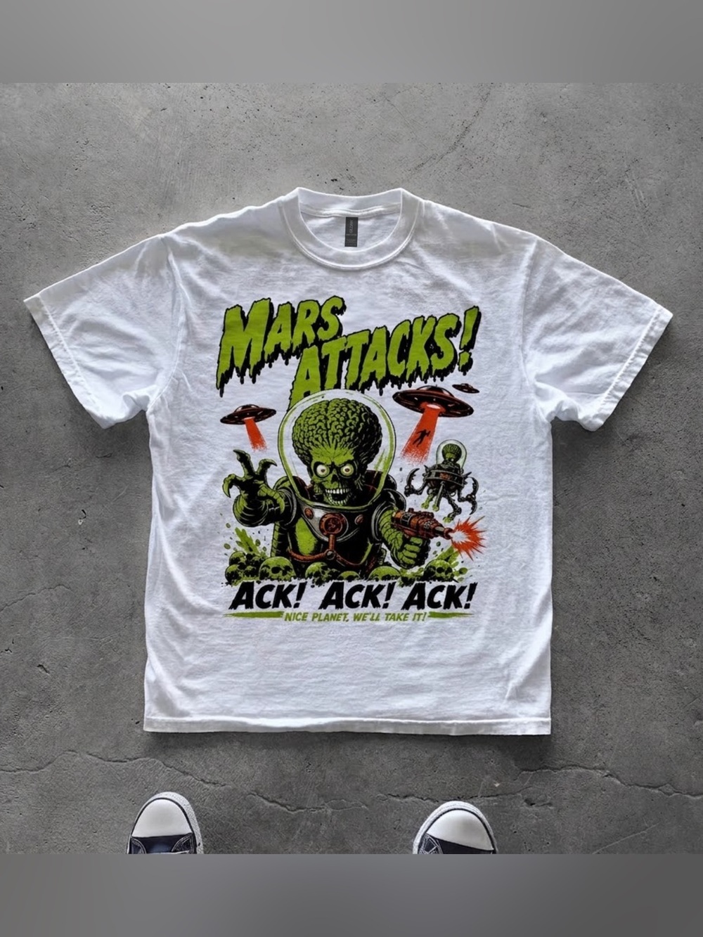 Gildan Mars Attacks! Graphic Tee - White with Green & Black Print